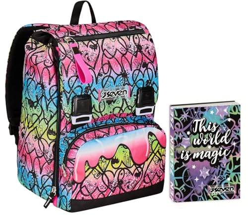 Zaino Doppio Scomparto Estensibile Seven, JumpLove, Rosa, Maxi Capienza, Schienale Preformato, Scuola & Viaggio + Seven Diario 12 Mesi, Nero, Ragazza