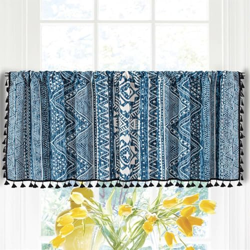 Odot Tenda Corta per Finestra Cucina, Tende da Bistrot Cucina Mantovane Corte Design per Decorazione Interni Finestre Piccole Soggiorno Camera da Letto Camper Bagno (Nappe blu,150x91cm)