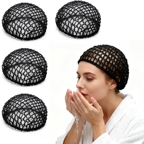 TNSLAND Bonnet de Nuit Noir Lot de 4 – Bonnet Doux Et Respirant, Haarnetz pour Dormir Réutilisable, Protège Les Cheveux du Frizz et des Frottements, Capuche élastique pour Sommeil, Voyage et Douche