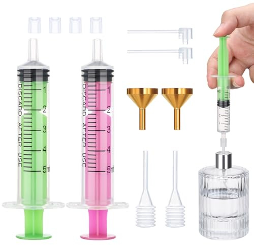 Segbeauty Outil pour Remplir de Flacon Parfum Vide, 5ml Seringue Parfum, Entonnoir en Métal pour Remplissage, Pompe et Pipette en Plastique (Rose + Vert)