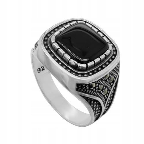 Ulex Premium 925 Sterling Silber Ringe Herren Siegelring mit schwarzem Onyx und funkelnden Markasiten polierter Edelring modernes Design Männer Schmuck Größe 62