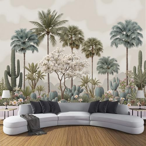 DLERFLOVR Retro Jungle Photo Wallpaper 450x315cm Wall Mural Cacti and Palm Trees Poster Picture Design Wall Art Decor for Living Room, Bedroom, Office, Sage Green