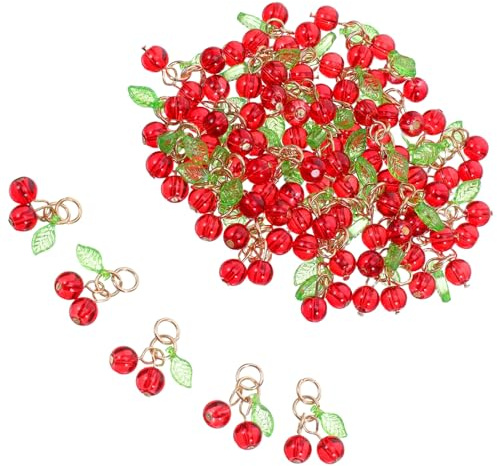 HEALSOPTHY 50 Colgantes de Cereza Roja 3D de Plástico para Manualidades Dijes de Frutas para Pulseras y Collares Amuletos a Granel para Bricolaje y Accesorios de Joyería Ideales para