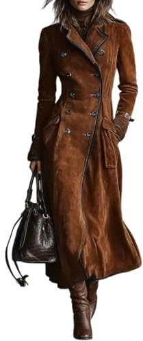 LIUYUYOUGO Manteau Femme Laine Trench Coat Long En Faux Daim Pour Femme Style Western Vintage Croisé Maxi Manteau Long Élégant Color Block Revers Cranté Marron Taille Xl
