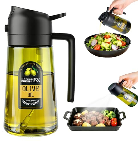 WANKODA Spruzzatore per olio d'oliva 2 in 1 per cucinare, bottiglia dispenser per olio d'oliva da 473,6 g, per friggitrici ad aria, insalate, barbecue e altro ancora