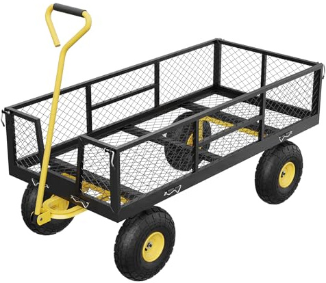 Garvee Chariot de Jardin Robuste 900LBS – Ridelles Amovibles – Poignée réglable – Pneus 25 cm – Remorque Utilitaire Acier – Noir, poignée et Rayons Jaunes