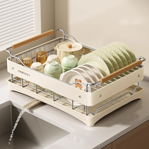 Uwenkjie Kitchen Dish Drying Rack, Stainless Steel Dish Rack with Wooden Handles, 2-Tier Dish Drainer with Extendable Drain Spout for Countertop