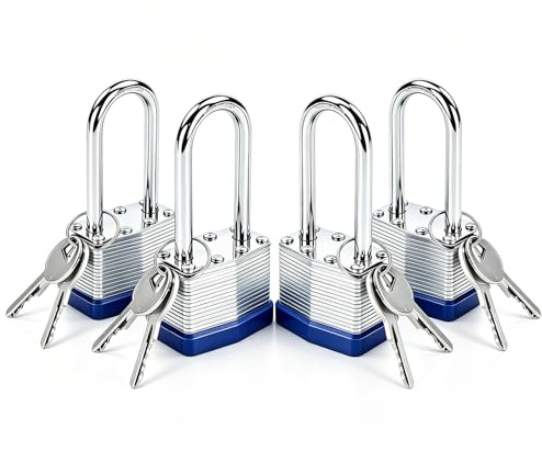 Keyed Alike Padlocks 4 Locks with 8 Same Keys-Heavy Duty Outdoor Laminated Steel Padlock 60mm Long Shackle Pad Lock with Copper Core, Idea Security Locks for Gym,Gate,Shed,Gate,Locker,Warehouse