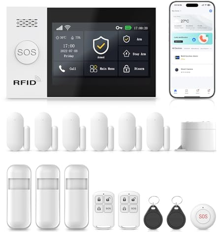 XNY Voller Touchscreen Funk Alarmanlage Haus,4G Haus Alarmanlage Komplett Set, WLAN Alarmanlage Wohnung mit APP Alarm, 16-Stück-Kit (Fenster Tür Sensoren, Bewegungsmelder, Fernbedienungen, Sirene)