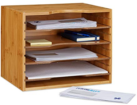 Relaxdays Briefablage aus Bambus HBT: ca. 26 x 33 x 24,5 cm Ablagesystem für den Schreibtisch Dokumentenablage mit 4 variablen Einlegeböden Papierablage aus Holz für Briefe und Unterlagen, natur
