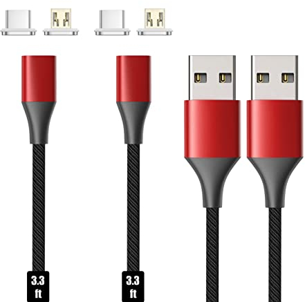 N. NETDOT Magnetic Charging Cable, Gen10 Nylon Braided 2-in-1 Magnetic Phone Charger Compatible with USB-C and Micro-USB Devices (3.3ft/2 Pack red)