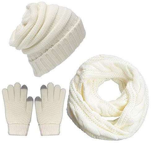 CheChury Damen Kombi Set Schal Mütze Set Loop Schal Gestrickt Beanie Passender Strickmütze Touchscreen-Handschuhe Strick mit Kreis Fleece Geschenkset für Outdoor Ski
