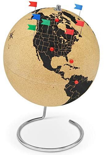 Großer Korkglobus 33cm hoch mit 104 unterschiedlichen Pinnadeln - großer drehbarer Globus aus Kork - Weltkugel als Geschenkidee - Kork Globus groß - Cork Globe mit Pins