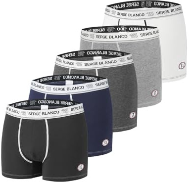 Serge Blanco Caleçon Homme Coton, Boxer Homme, Ajustement Parfait, Hypoallergénique (Lot de 5), Taille 3XL - Noir/Bleu/Gris/Blanc