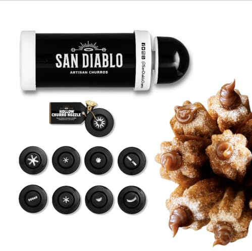 San Diablo Artisan Churros Gourmet Küchenhelfer mit hohler Düse für gefüllte Churros + 8 weitere Düsen + Gratis E-Book mit Rezepten von Top-Köchen und Feinschmeckern