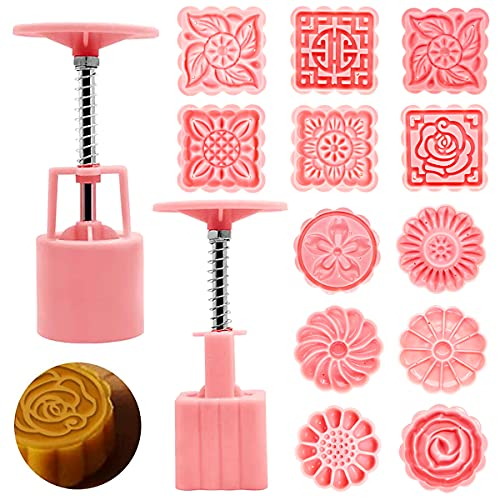 2 Sets 50g Mooncake Mould Press mit 12 Briefmarken Cookie Stamp Moon Kuchenform Mondkuchenform Mooncake Mold Dicke Adjustable Plätzchen Briefmarken für Backen DIY Cookie, Kekse, Desserts - Weiß