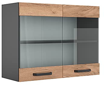 Vicco Armoire en Verre R-Line, Chêne doré, 80cm | 2 Portes · 1 Tablette · Profondeur – 31 cm · Librement combinable · ✓ Tout en vue