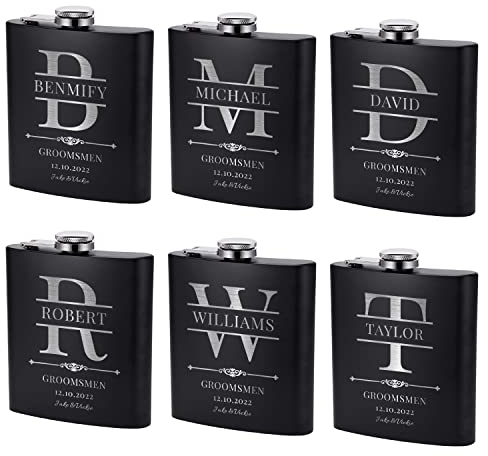 Flachmann für Trauzeugen, personalisierbar, 6 Stück, Geschenk für Hochzeit, personalisierbar, 170 ml, für Trauzeugen, Bräutigam, Vater und Junggesellenabschied, mit optionaler Geschenkbox