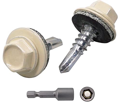 SKIR'CO (25 st) Takskruvar i metall, 4,8 x 19 mm målade självborrande skruvar med EPDM-brickor, sexkantshuvud (ljus elfenben RAL 1015)