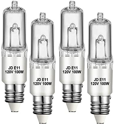 Jaenmsa JDE11 120V 100W Halogen Mini Candelabra Bulbs,T4 100W JD E11 Bulb 4 Pack (Replacement E11 LED Bulb) 2700K Warm White Dimmable Halogen Bulb T4 for Ceiling Fan Light,Chandeliers,Table Lamps