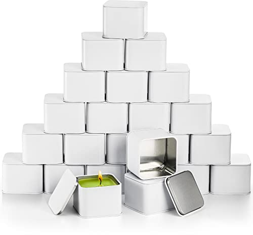 AVLA 24 Pack Candle Tins, 8 OZ Square Candles Jar with Lid, Empty Metal Candle Containers, Bulk Candy Storage Can Sets for DIY, Arts, Crafts, Storage, Gifts, White Decorative Candles Making Supplies