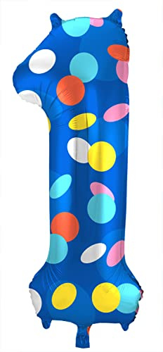Folat 64181 Luftballon Geburtstag Ziffer Zahl 1 Colorful Dots Blau mit farbigen Punkten 86 cm - Helium Ballon Decoration Geburtstagdeko, Ballon Zahl