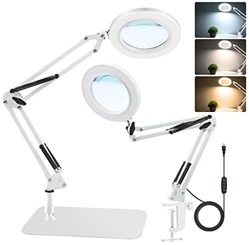 NZQXJXZ Aufgerüstet 2-in-1 Lupe mit Licht und Ständer, 10-fache Echtglas Lupenlampe mit Ständer, 3 Farbmodi 10 stufenlos dimmbare Tischlupe für Naharbeiten, Schmuck, Lesen, Basteln, Hobby