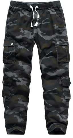 APTRO Herren Cargo Hose Camouflage Hose Elastische Taille Arbeitshose Lange Baumwolle Leichte Hose mit 8 Tachen LT40 Camo Schwarz L