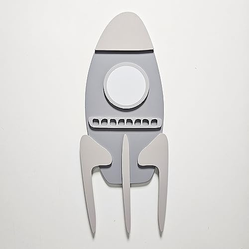 KiddyMoon Wanddekor 3D Wandskulpturen Kinderzimmer Akccessoire Für Kinder Hergestellt Aus MDF Babys Wanddeko Montessori Spaß Dekoration Rakete Muster, Grau
