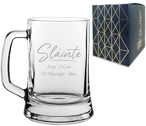 Personalised Engraved Novelty Beer Mug Tankard Stein with Slainte Script Design, Add a Personalised Message, Gift Box Included, Laser Engraved