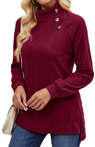 Akiooue Ladies Jumpers Size 14, Women's Polo Turtle Neck Red Jumpers Fall Winter Long Sleeve Tops Pullover Sweater Womens Knitted Chunky Jumper