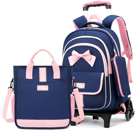 MITOWERMI Rolling Backpack for Girls Elementary School Bag Bowknot Backpack with Wheels Girls Bookbags with Handbag, Style c-3Pcs Dark Blue-6 Wheels, L 32 W 24 H 44 cm, 33.79 liters, 6 Wheels Trolley