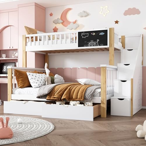 ZYLOYAL10 Kinder-Etagenbett, Doppelbett, multifunktionales Kinderbett, mit Tafel und Schubladen, ohne Matratze, weiß+helle Eiche, 90 * 200, 140 * 200 (Weiß + Eiche ​)