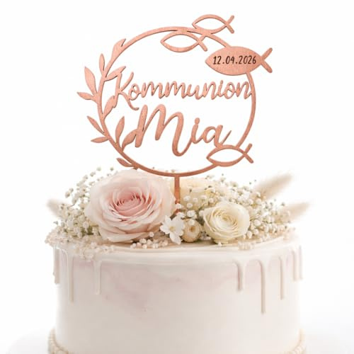 Birdart Box® Kommunion, Konfirmation, Firmung Tortenstecker mit Namen – personalisierter Tortenstecker aus umweltfreundlichem Holz, stabiler Cake Topper 15cm Durchmesser (Kommunion Fisch, Kupfer)