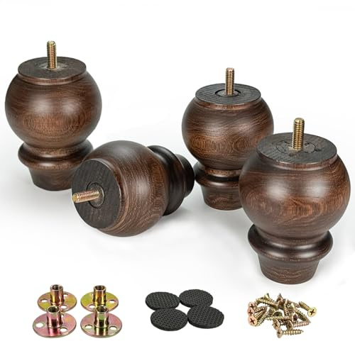 Aiminjey 10cm Wooden Furniture Legs Set of 4 Sofa Replacement Brown Solid Wood Furniture Feet for Armchair Couch Cabinet Dresser Ottoman TV Stand Bed Legs with Mounting Plates Screws (4inch)