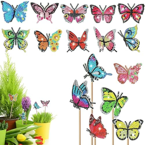 Prampe 16-Teiliges Diamond Painting Schmetterling, 5D Diamond Painting Art für Garten Deko, Doppelseitige Schmetterling Diamond Painting Kits für Fensterdeko Gartendeko Bastelhandwerk