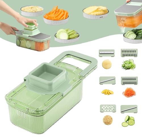 Rallador multifuncional de verduras con contenedor, cortador de verduras multifuncional, rallador multifuncional, seis herramientas de corte, picador de verduras redondo (6 cuchillas)