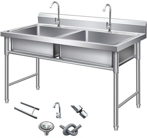 Lavello da Cucina Vasca Doppia in Acciaio Inox, Lavabo da Esterno, Lavandino Commerciale con 2 Rubinetti e Piedini Regolabili, per Lavanderia, Giardino, Agriturismo(120x60cm(47x24inch))