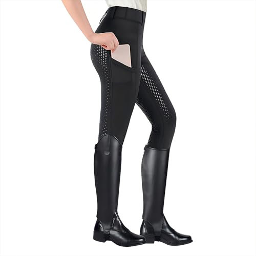 HOTUT Damen Reitleggings, Silikon Vollbesatz Reithose, High Waist Reithose Damen mit Handytasche und Gürtelschlaufen
