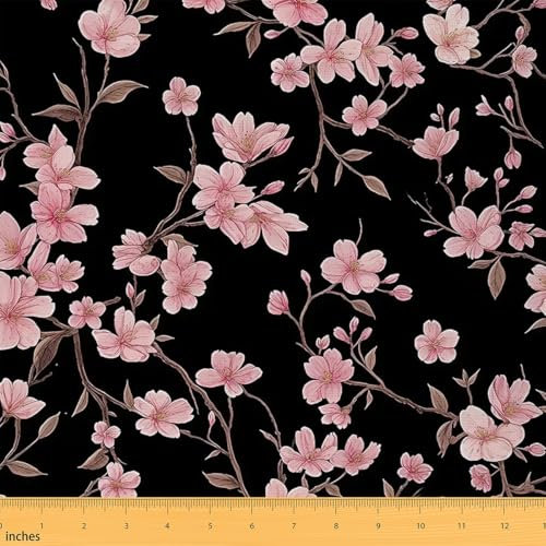 Feelyou Blumen-Polsterstoff für Stühle, 4,5 m, Vintage-Blumenstoff, Meterware, botanischer Blumendruck, wasserdicht, Outdoor-Stoff, Raumdekoration, Schwarz und Rosa, Reupolsterstoff, Dekor
