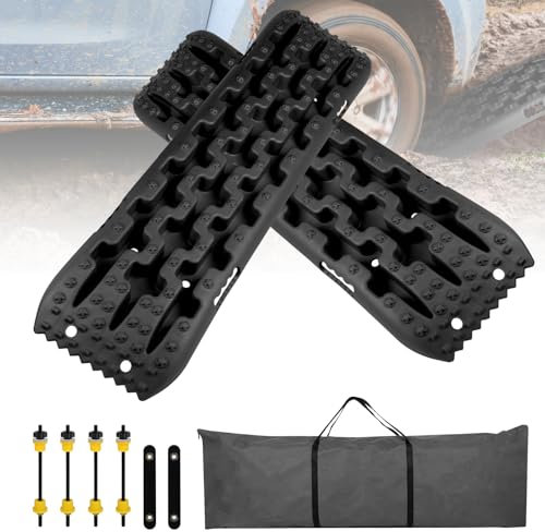 EXLECO 2Pcs Sandbleche Wohnmobil Anfahrhilfe Offroad Zubehör Recovery Board Traktionshilfe Auffahrkeile PKW Anhänger Reifenleiter Traktionsband Traktionsmatte Gripmatte für Sand Schlamm Schnee Schwarz