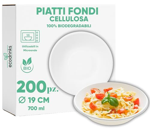marketcaffe Set di 200 Piatti Fondi in Polpa di Cellulosa Biodegradabili e Compostabili - Eco-Friendly e Resistenti, Ideali per Eventi e Feste, 100% Biodegradabili - 19 CM