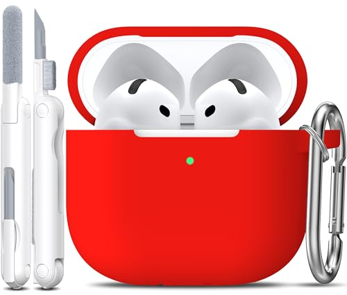 R-fun Funda para AirPods 4 con Kit de Limpieza, Case de Silicona Suave con Llavero, Funda Protectora Completa para Hombres y Mujeres, Compatible con Apple Latest Airpods 4th, Rojo