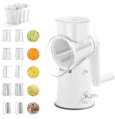 Generic 5-in-1 Rotary Grater, Multi-Function Rotary Cheese Grater with Handle, Hand Crank Food Chopper, Interchangeable Blades for Cheese, Vegetables, Fruit (White)