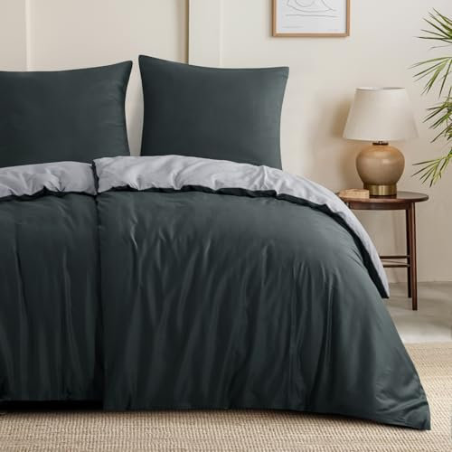 Aisbo Bettwäsche 135x200 Baumwolle 4teilig - Bettwäsche-Sets Anthrazit Grau Wendebettwäsche 2er Set mit 2 Kissenbezüge 80x80 cm, Oeko-TEX Zweifarbiger Baumwollbettwäsche mit Reißverschluss