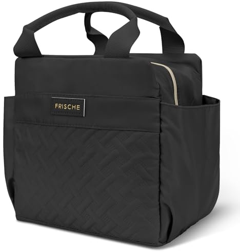 Linkidea Bolsa de almuerzo para mujer, grande a prueba de fugas, bolsa de almuerzo con soporte para botellas y bolsillos laterales, compatible con NatraProw, Lovina, Caperci (Negro)