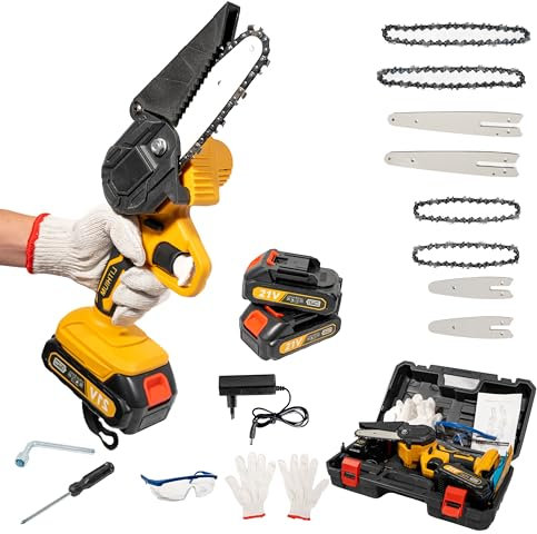 Mini tronçonneuse à batterie puissante et légère - Batteries 8000 mAh, 6 et 4 pouces - Tronçonneuse électrique sans fil manuelle - Mini tronçonneuses à batterie faciles à utiliser - Tronçonneuse à