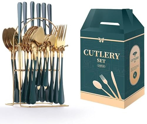 24 Piece Cutlery Set with Hanging Stand - Green Gold, Rust Resistant & Dishwasher Safe Stainless Steel, Ergonomic Handle Grip, Mirror Polished Tableware for Six
