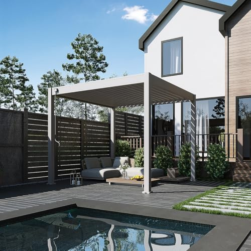 Weide Classic Pergola freistehend mit verstellbarem Lamellendach | Witterungsbeständiger Pavillon für Garten & Terrasse mit Handkurbel und integriertem Wasserablauf 3 x 3 m Sand