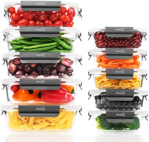 Homiu 10 Pack Glass Food Containers with Lids | Airtight Glass Food Containers for Meal Prep | BPA Free Leak Proof | Reusable Lunch Boxes That Go